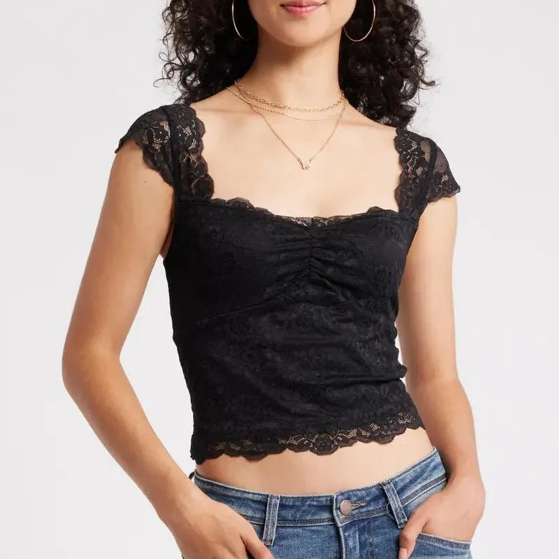 Lace Cap Sleeve Square Neck Crop Top