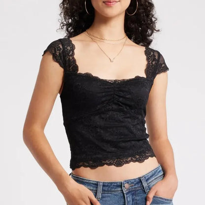 Lace Cap Sleeve Square Neck Crop Top