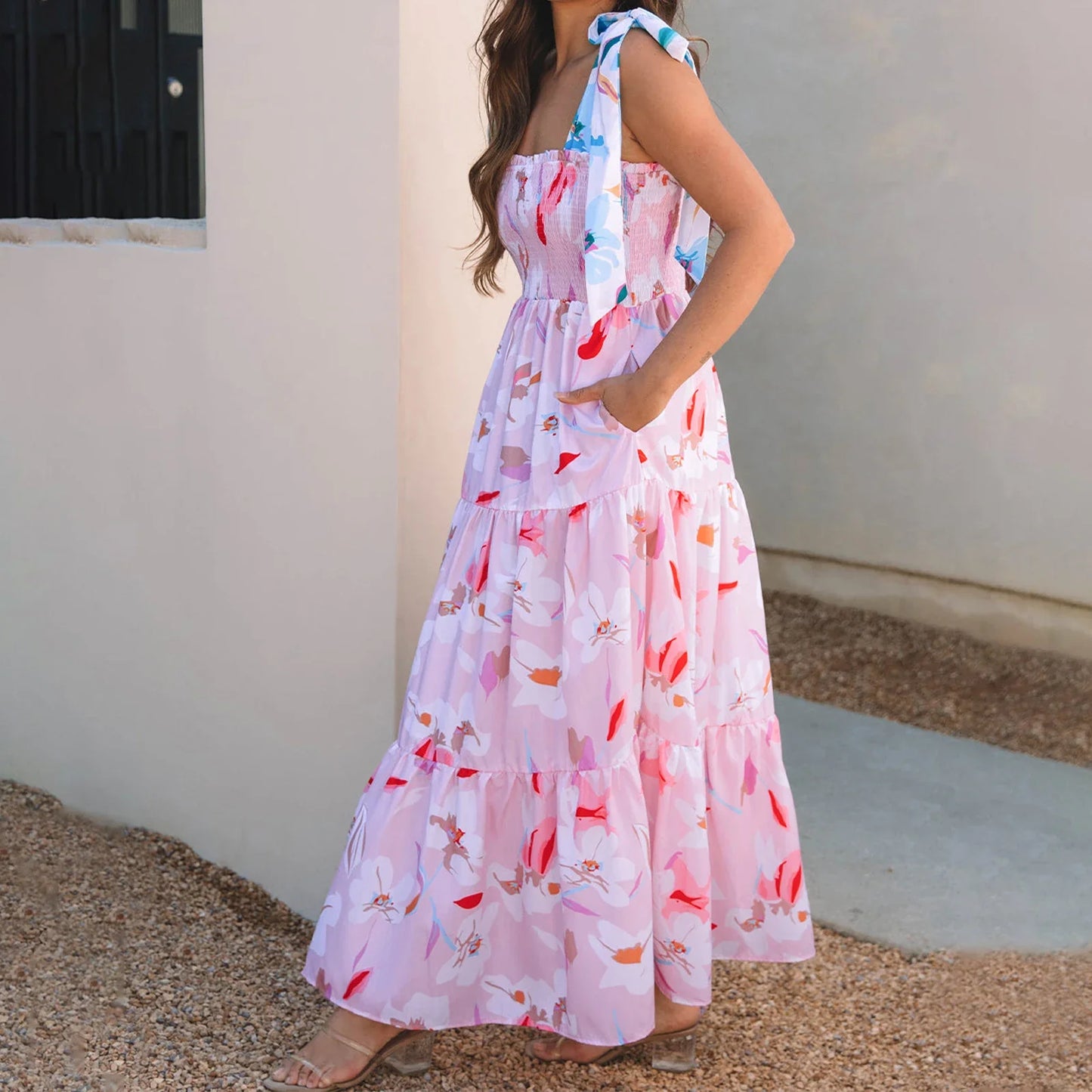Floral Ruffle Smocked Flowy Midi Dress