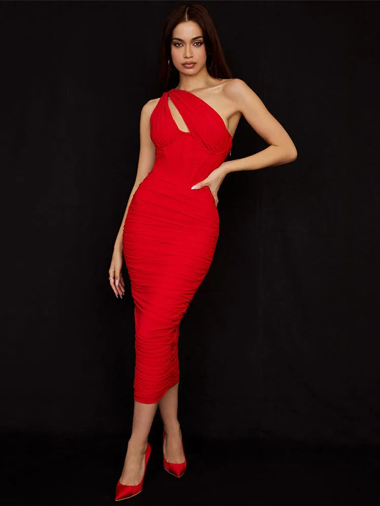 One Shoulder Ruched Midi Dress