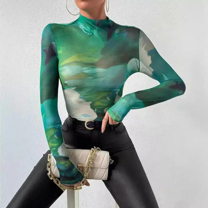 Gradient Patchwork Slim Fit Sheer Top