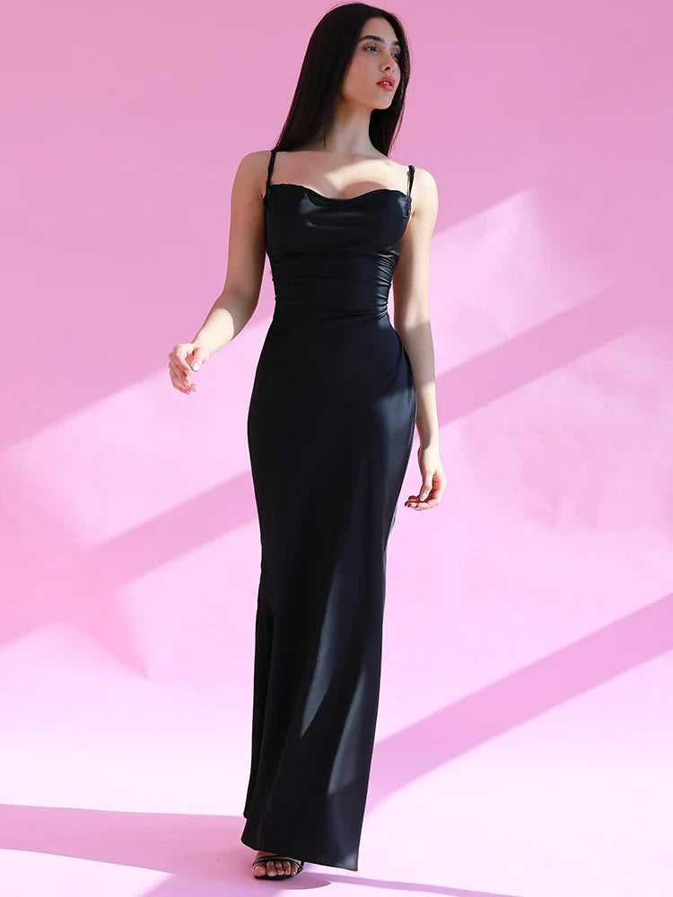 Satin Ruched Strap Maxi Elegant Silk Dress