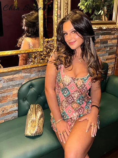 Sequined Square Collar Sling Mini Dress