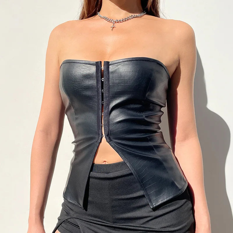 Lychee Pattern Leather Exposed Navel Strapless