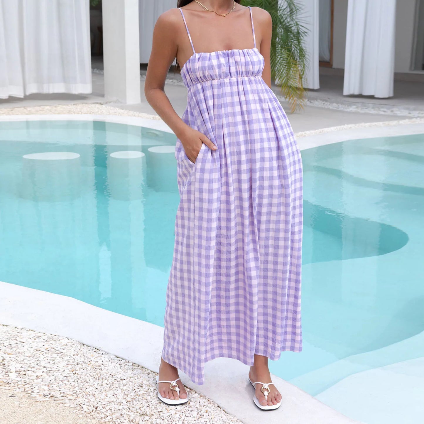 Backless Plaid Swing Slip Midi Dress