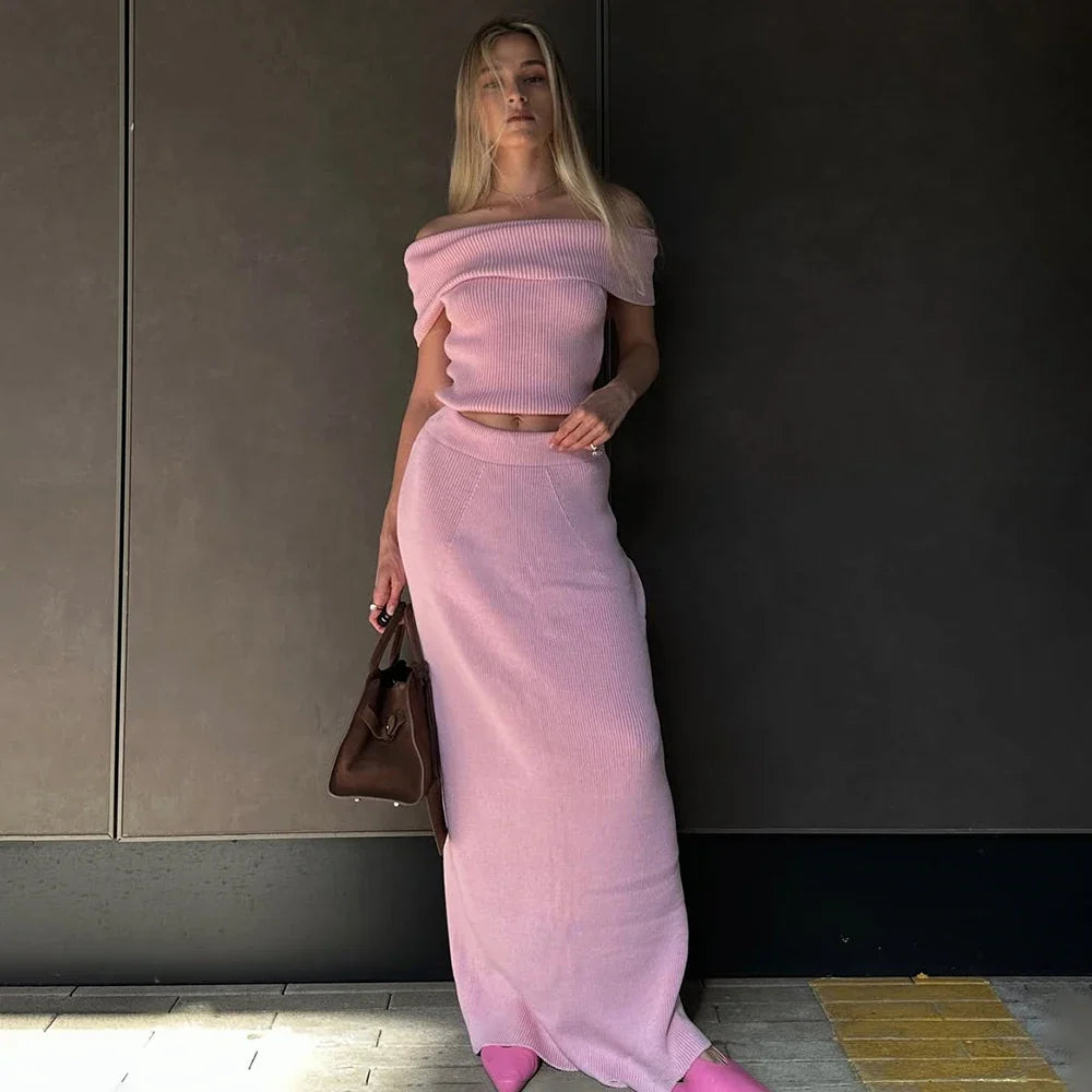 One Shoulder Slit Skirt Knit Set