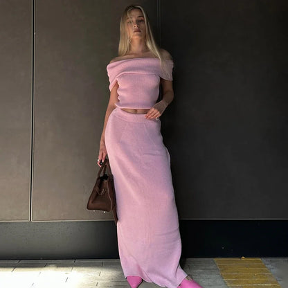 One Shoulder Slit Skirt Knit Set