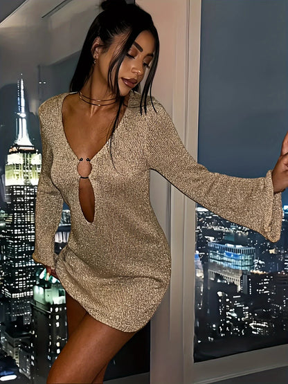 Knitted Flared Sleeve V Neck Mini Dress