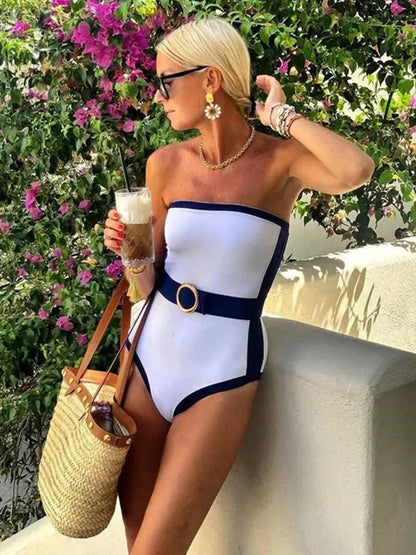 Black White Contrast Off Shoulder Bodysuit One Piece Swimwear