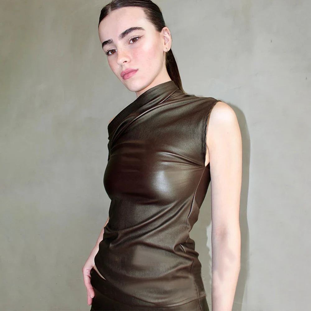 Leather Solid Waist Short Sleeve Crop Top