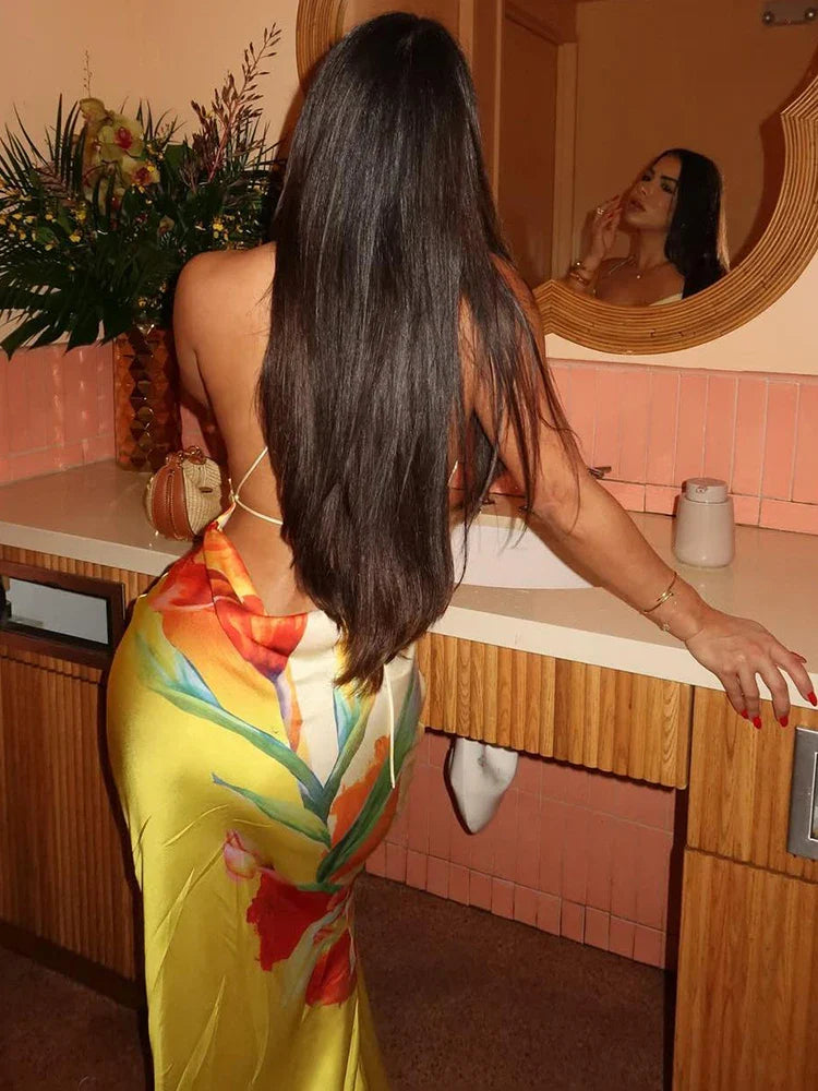 Lace-Up Ruched Swing Collar Backless Floral Dress