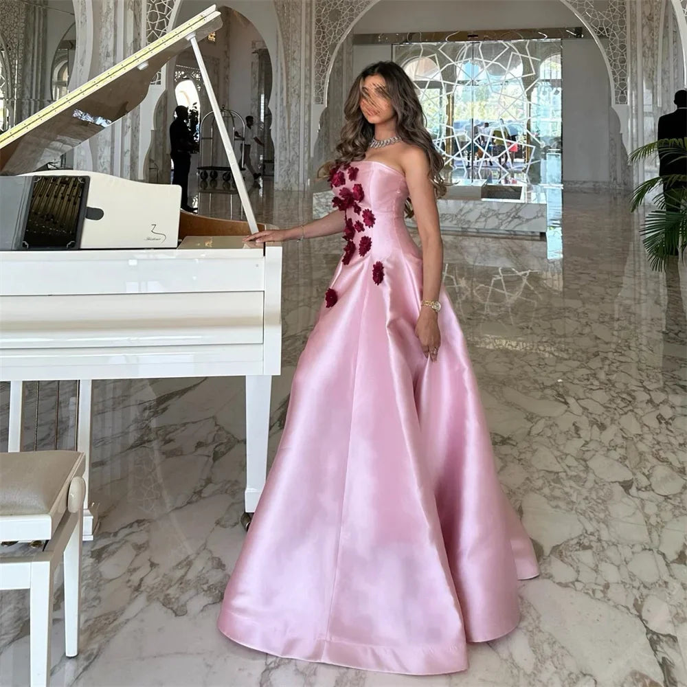 Pink Applique Satin A-line Party Dress