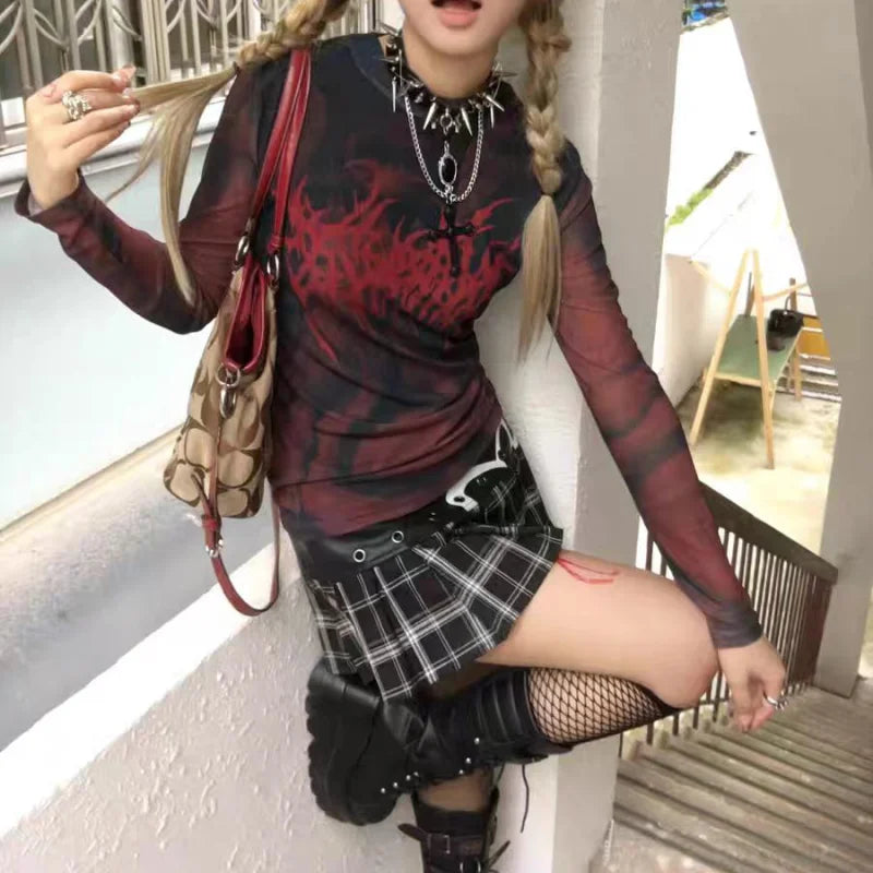 Grunge Aesthetics Print Mesh Sheer Top