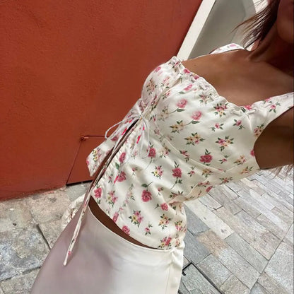 Y2K Floral Camis Vest Slim Bow Tie Split Front Cami Top