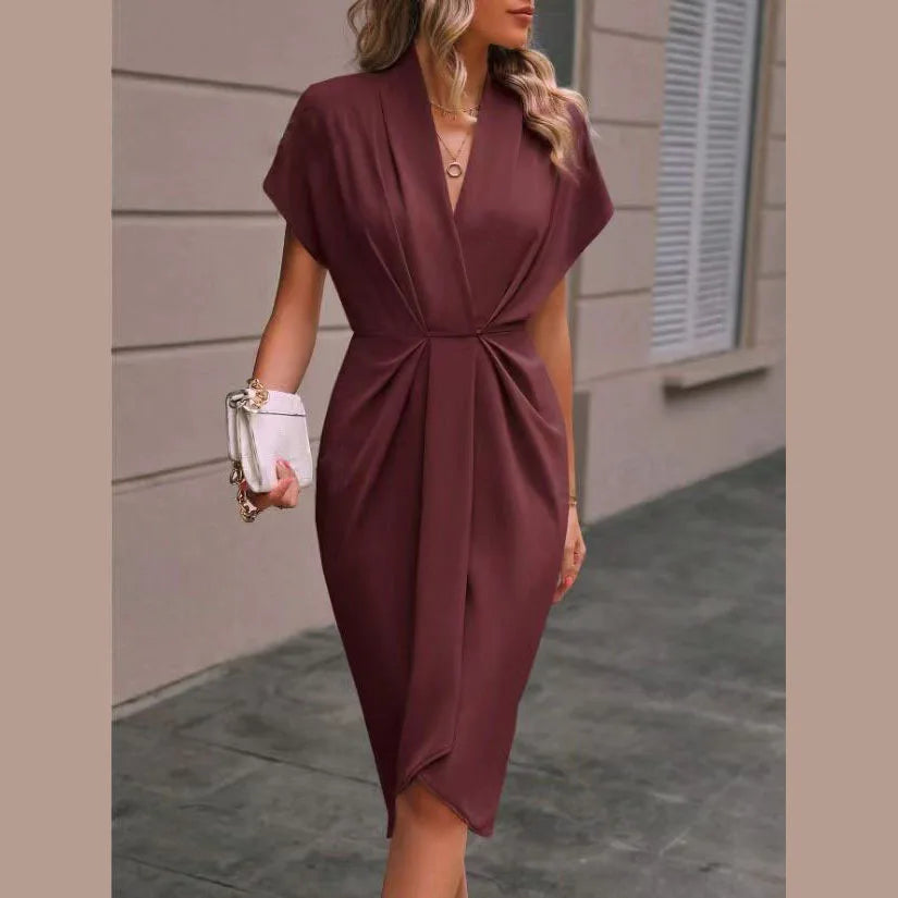 Short Sleeve Deep V Neck Draped High Waist Work Dress