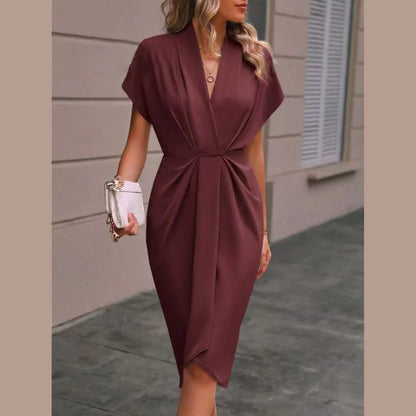 Short Sleeve Deep V Neck Draped High Waist Work Dress