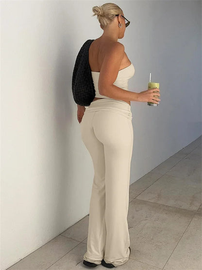Fold Over Strapless Two Piece Pants Set