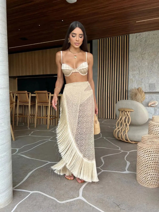 Solid Padded Bra Tassel High Waist Skirt Three Piece Swim Sets