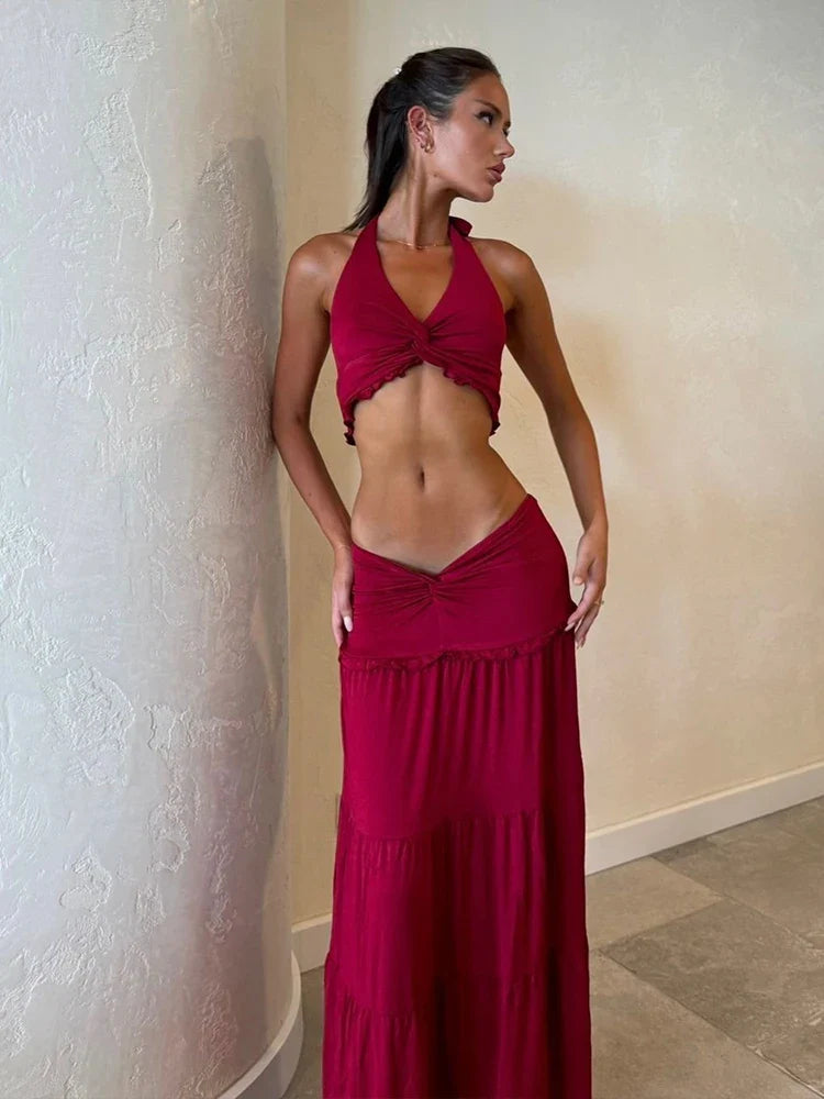 Ruched Halter Backless Ruffle Waist Two Piece Skirt Set