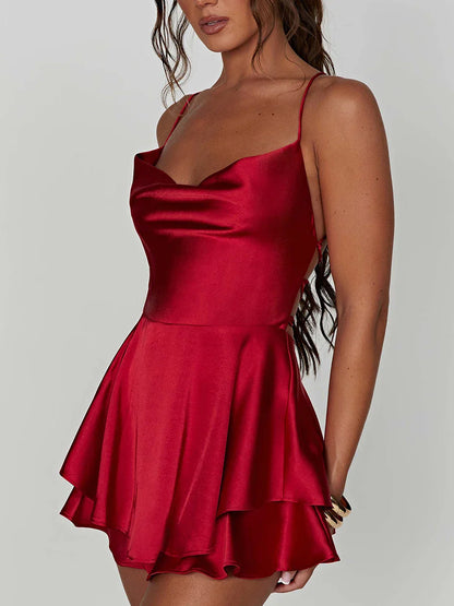 Satin Cowl Neck Tie Back Romper Mini Dress