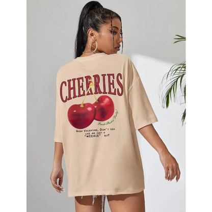 Cherry Print Loose Cotton T-shirt