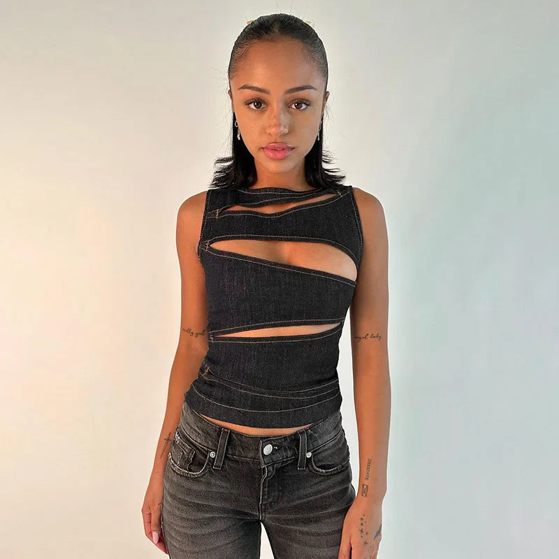 Hollow Out Denim O-neck Cami Top