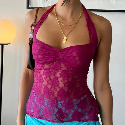 Floral Lace Mesh See-Through Backless Y2K Cami Top