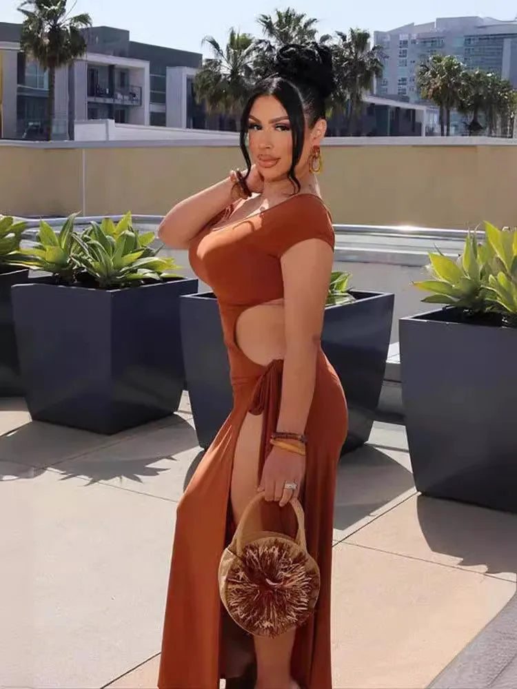 Hollow Slit O Neck Maxi Dress