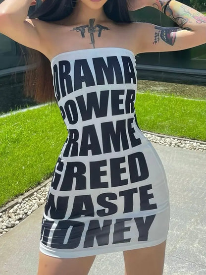 Letter Print Strapless Hip Club Mini Dress