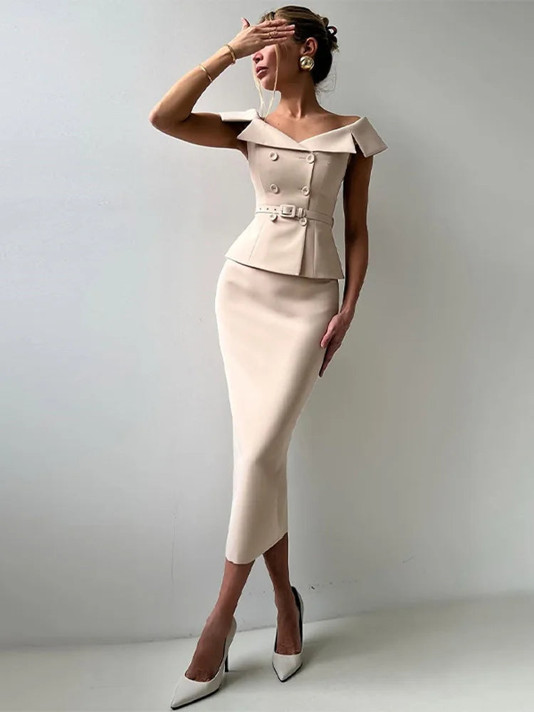 Double-Breasted Belt Skirt Suit