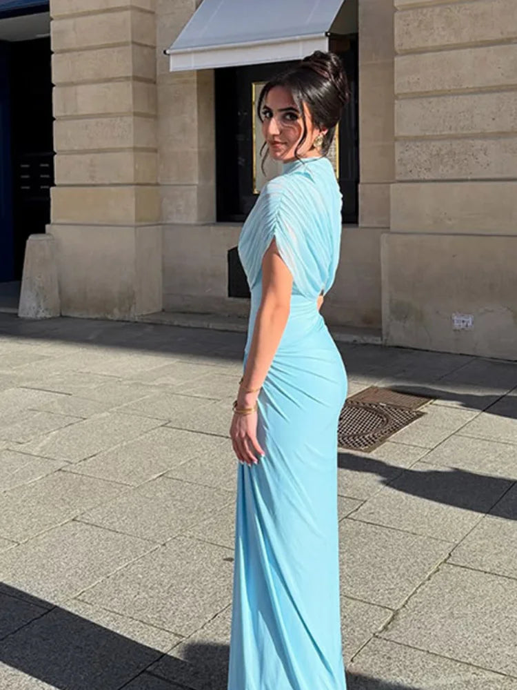 Pleated Stand Neck Blue Maxi Dress