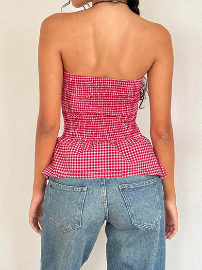 Red Gingham Ruffle Hem Strapless