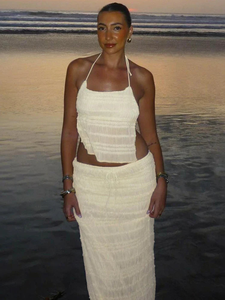 Mesh Sheer Lace-Up Backless Black Two Piece Skirt Set