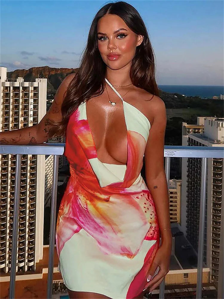 One Shoulder V Neck Print Floral Dress