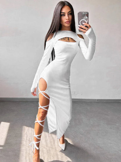 Hollow Lace Up Slit Sleeve Midi Dress
