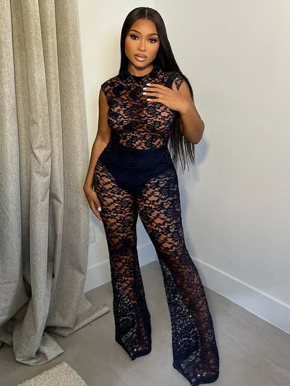 Mesh See Through Flared Two Piece Pants Set