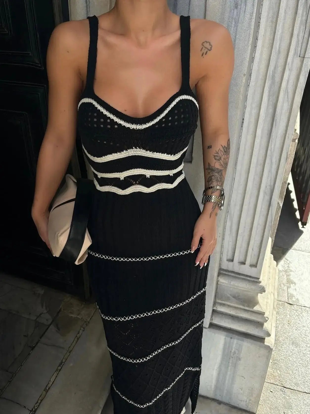 Striped Knit Backless V Neck Summer Dress