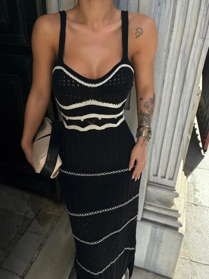 Striped Knit Backless V Neck Summer Dress