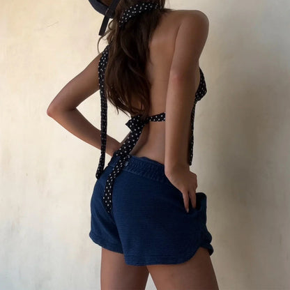 Y2K Dots Print Halter Deep V Neck Tied Back Slim Cami Top