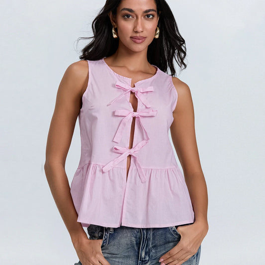 Solid Tie Front Round Neck Cami Top