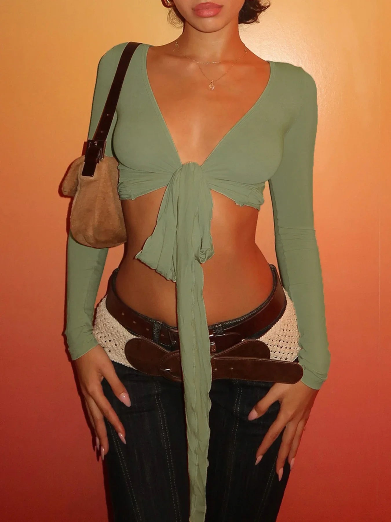 Solid Slim Lace Up Sheer Top