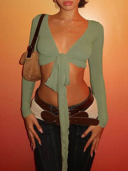 Solid Slim Lace Up Sheer Top