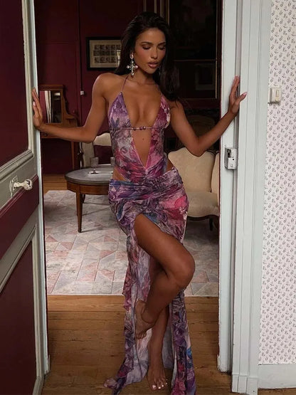 High Split Deep V Print Maxi Summer Dress