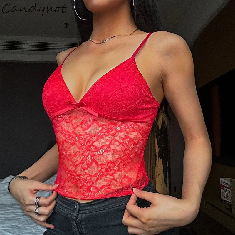 Mesh Perspective Graphic V-neck Cami Top