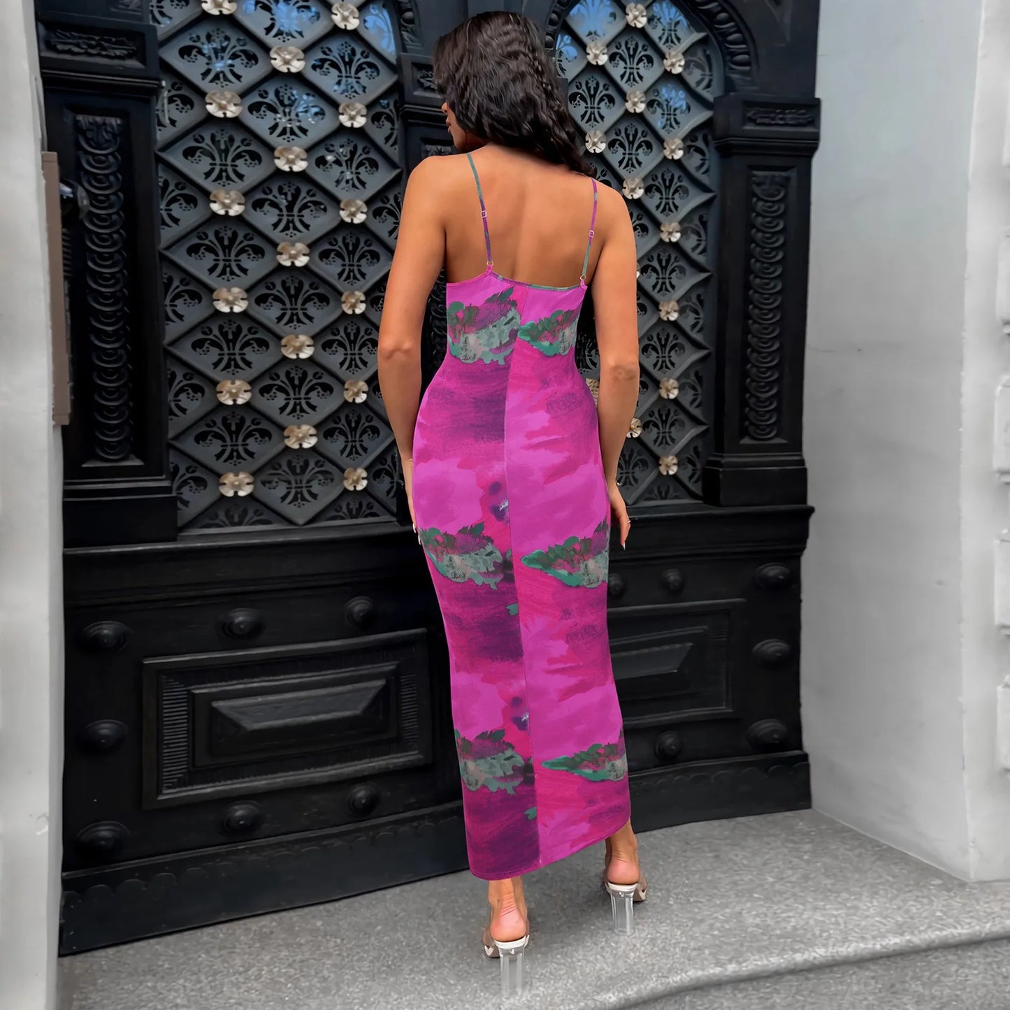 Slim Fit Bag Hip Print Long Sleeve Midi Dress