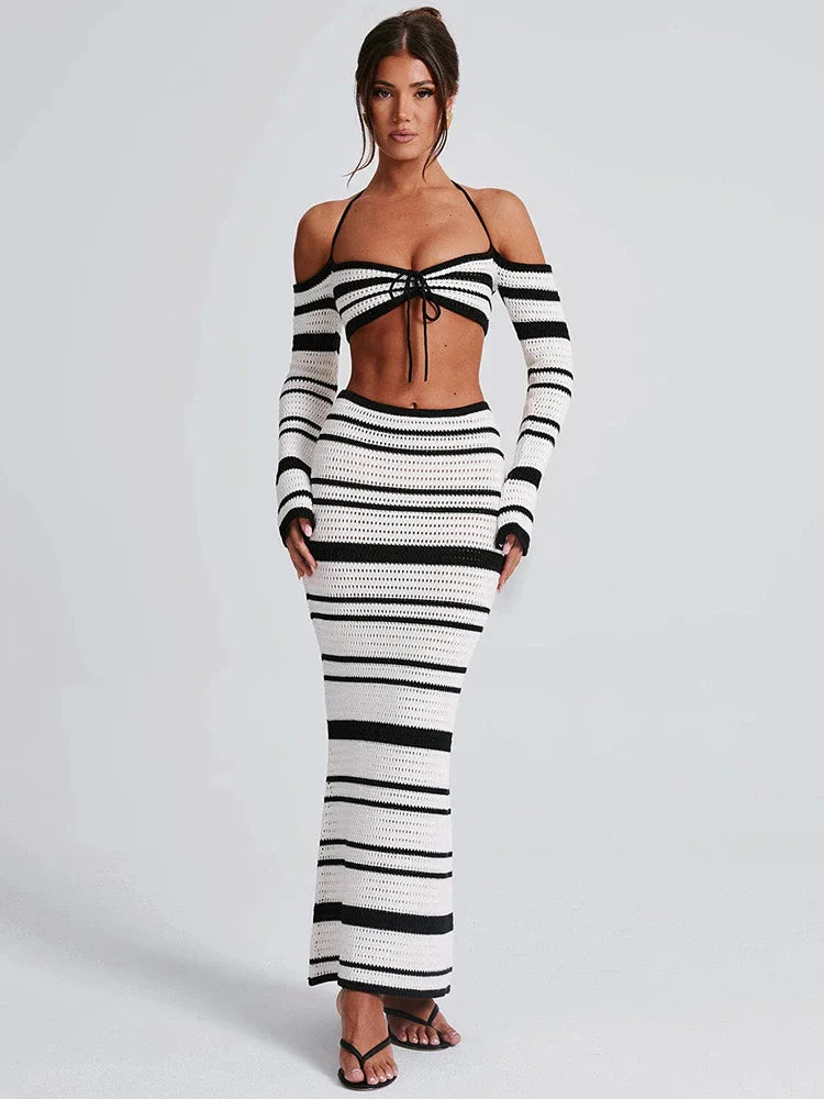 Striped Strapless Long Sleeve Knit Set