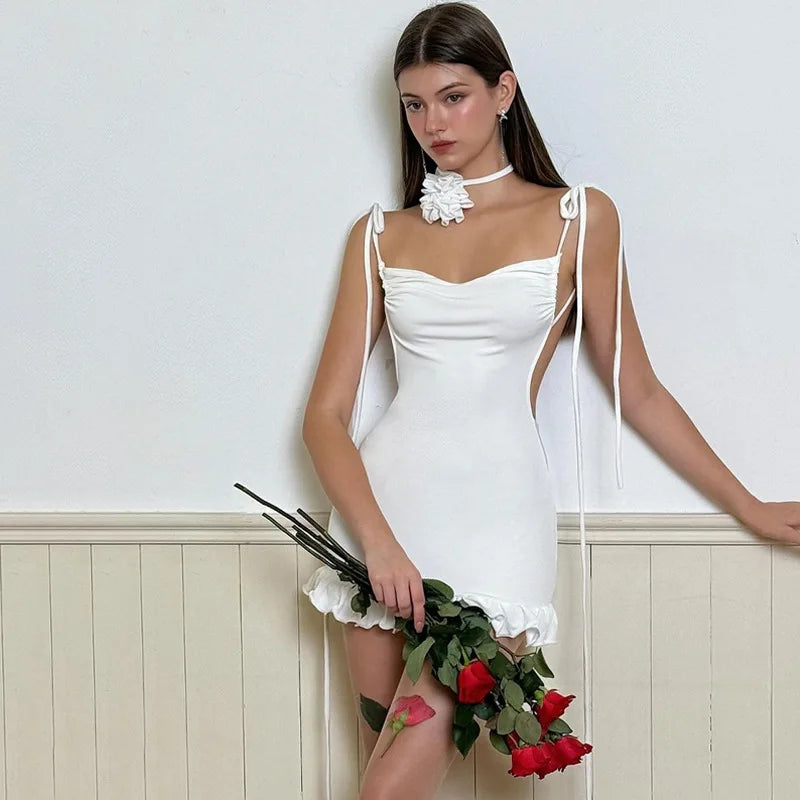 Open Back Lace Up Slim Fit Short Slip Dress