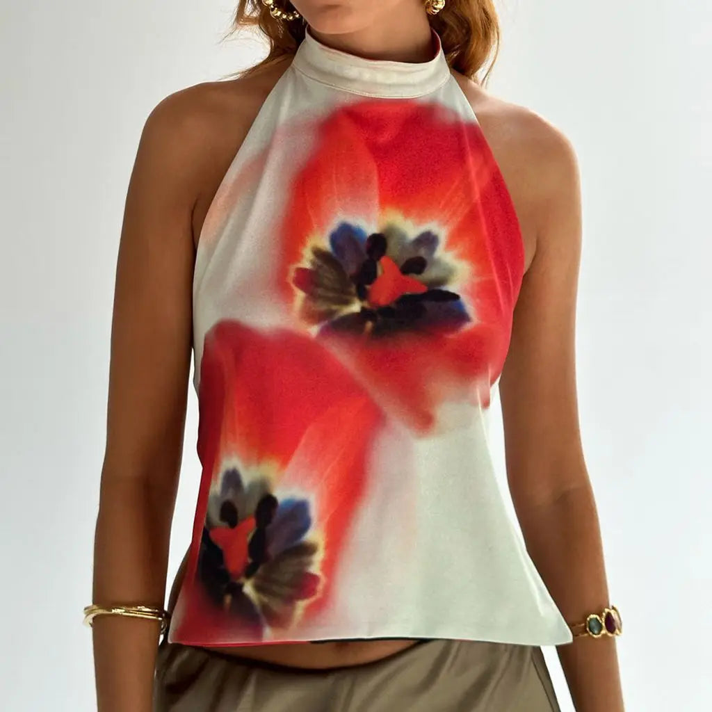 Y2K Button Closure Halter Backless Tie-Dye Cami Top