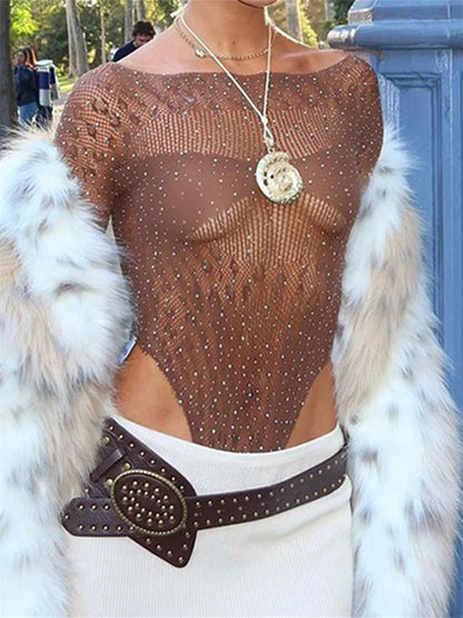 Rhinestone Mesh Bodysuit Sheer Top