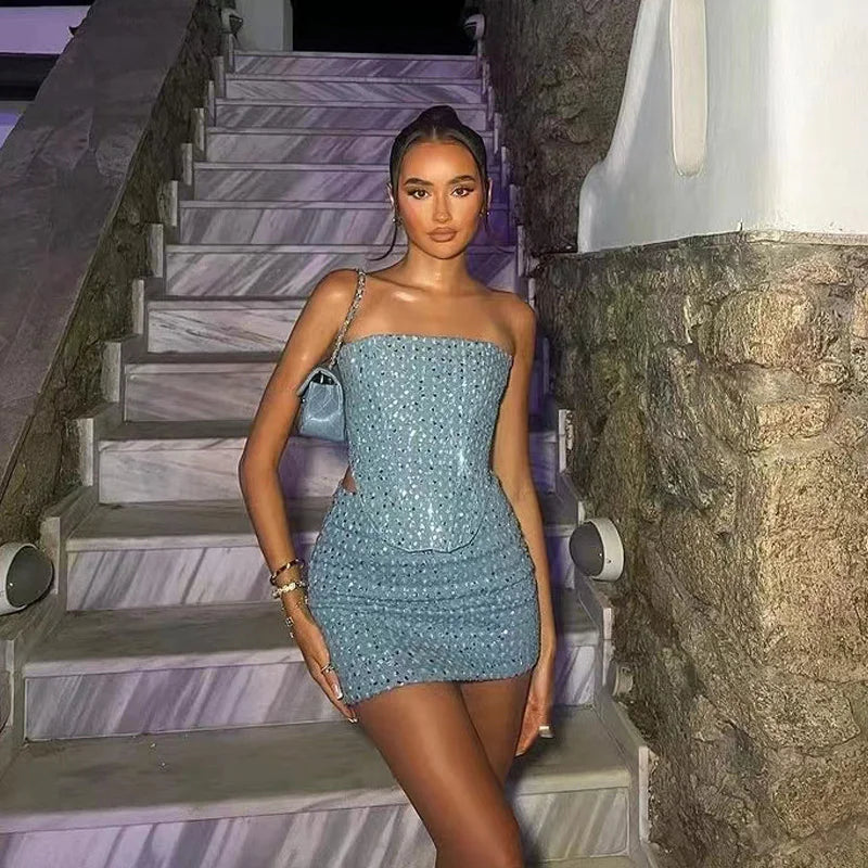 Blue Sequined Denim Strapless Mini Two Piece Skirt Set